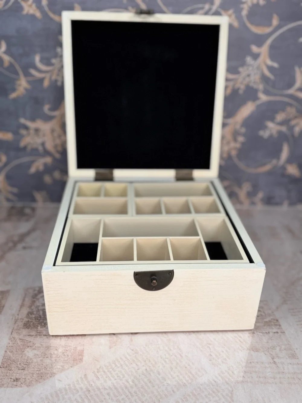 Large Wooden Jewelry Box Floral Lid Organizer Removable Tray Storage